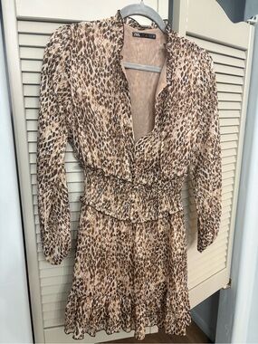 Zara Beige and Brown Leopard-Print Long-Sleeve Mini Dress